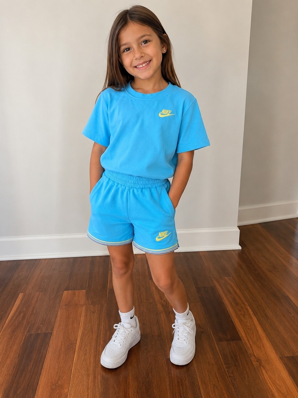 Nike Kids Light Blue Tee & Shorts Set with Yellow Logo